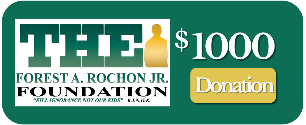 Forest A. Rochon Jr. Foundation donation label for $1000 on a white background
