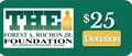 Green and gold donation label for the Forest A. Rochon Jr. Foundation with a $25 amount.