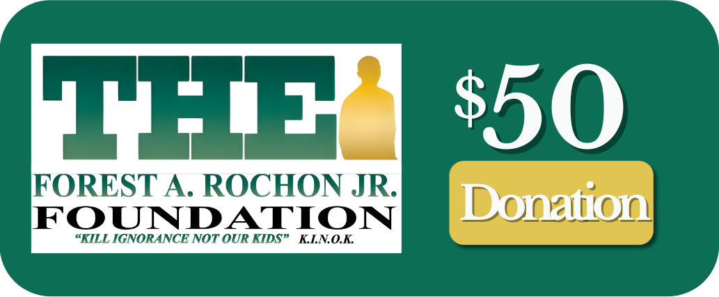 Donation card for the Forest A. Rochon Jr. Foundation with a $50 donation amount on a white background.